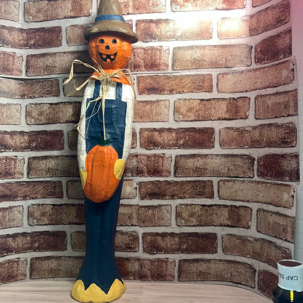 Vintage Hand Painted Primitive Folk Art 29 Inch Paper Mache Pumpkin Scarecrow